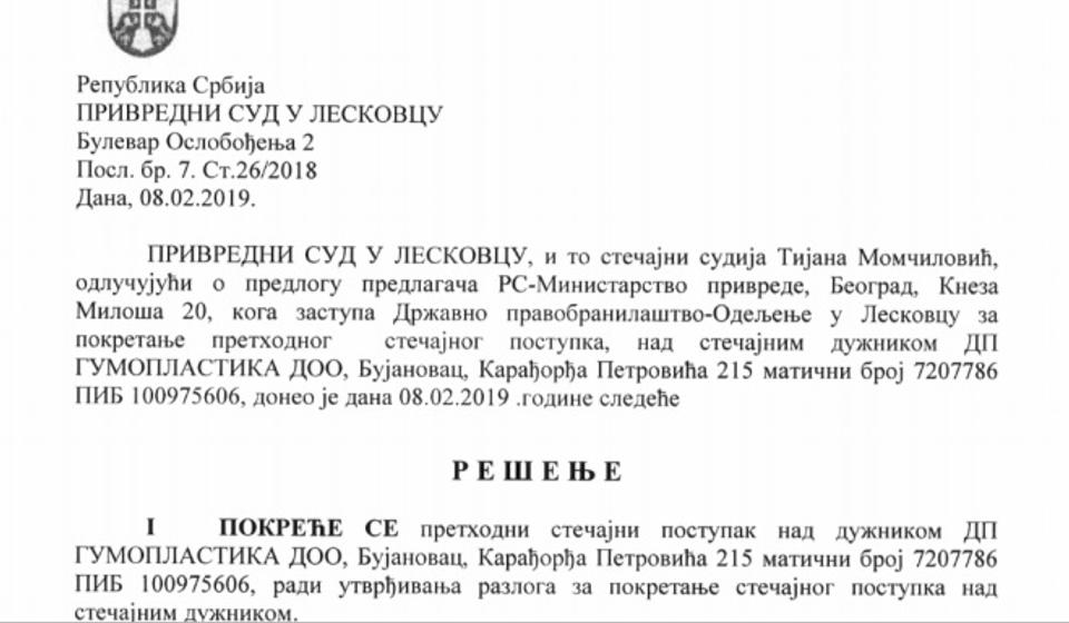 Foto Printscreen rešenja Privrednog suda