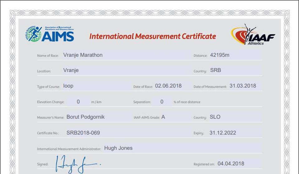 Sertifikat za maraton. Screenshot VranjeNews