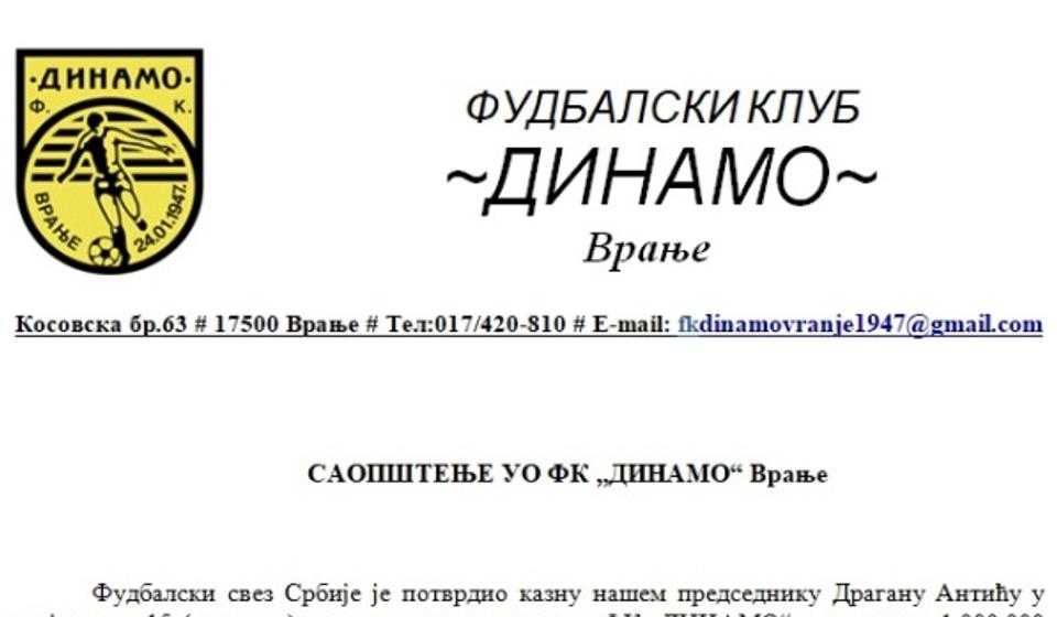 Printscreen saopštenja Dinama