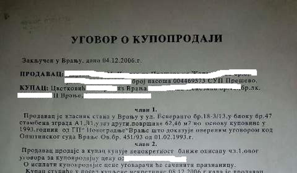 Crno na belo: ugovor o kupoprodaji stana. Foto Printscreen