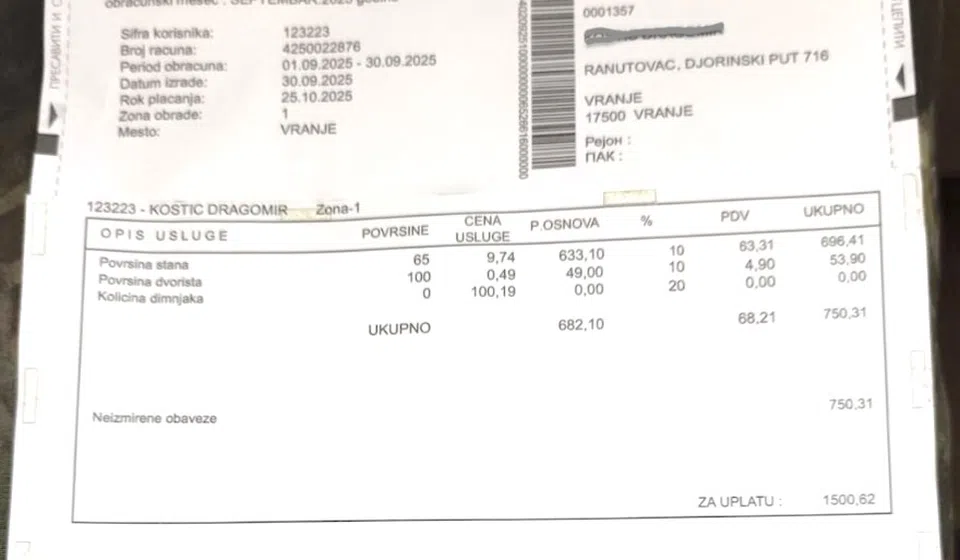 Jedan od računa za iznošenje smeća koji je stigao u Đorince. Foto printscreen V.N.