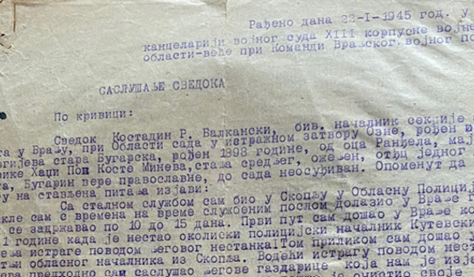 Саслушање бугарског агента Костадина Балканског обављено је 23. januara 1945. у Врању. Foto arhiva T.R.S.