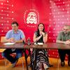 Sa konferencije za medije uoči premijere: Bojan Jovanović (levo) sa direktorkom vranjskog teatra Kristinom Janjić Stojanović i rediteljem Darkom Kovačovskim. Foto Vranje news