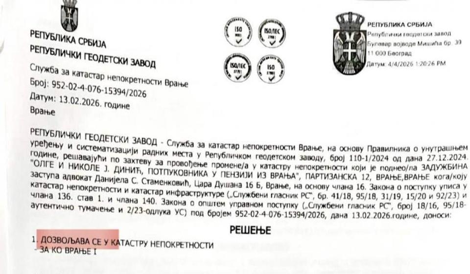 Rešenje Službe katastra nepokretnosti koje pokazuje da je imalac prava na zemljištu i objektima Zadužbina Olge i Nikole J. Dinića. Foto printscreen rešenja Katastra (klik na dokument za puni prikaz)