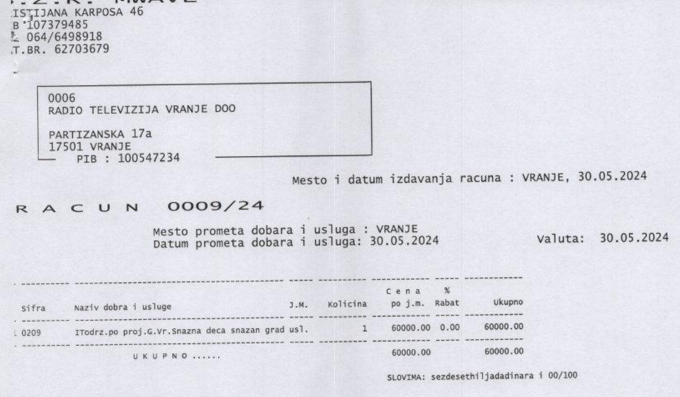 Jedan od računa za IT usluge prema  RTV doo. Foto printscreen računa SZR MWave