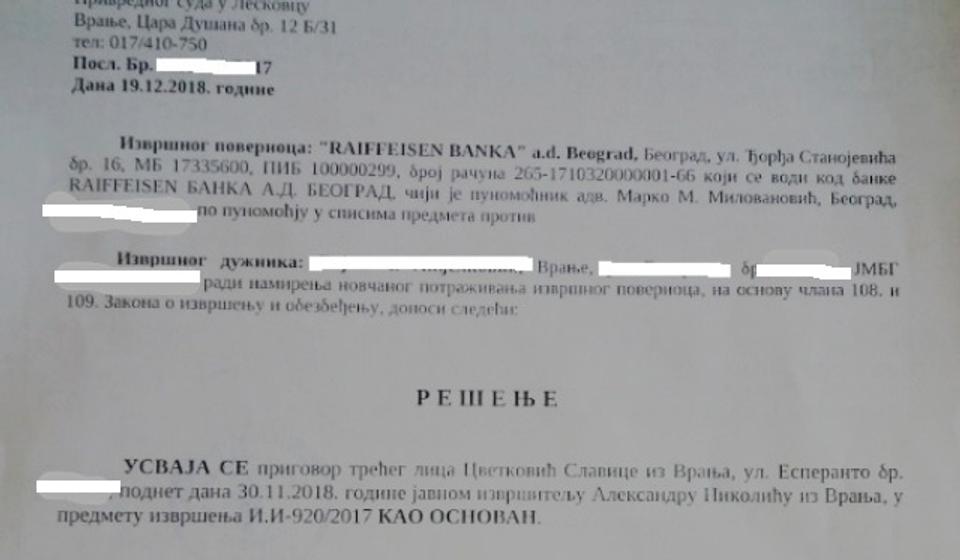 Rešenje kojim je usvojen prigovor Slavice Cvetković. Foto Printscreen
