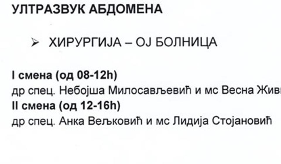 Dežurni za ultrazvuk abdomena. Screenshot VranjeNews