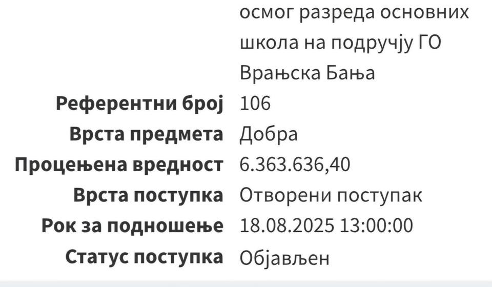 U Vranjskoj Banji već par godina besplatni udžbenici za đake. Foto printscreen Portal Javnih nabavki