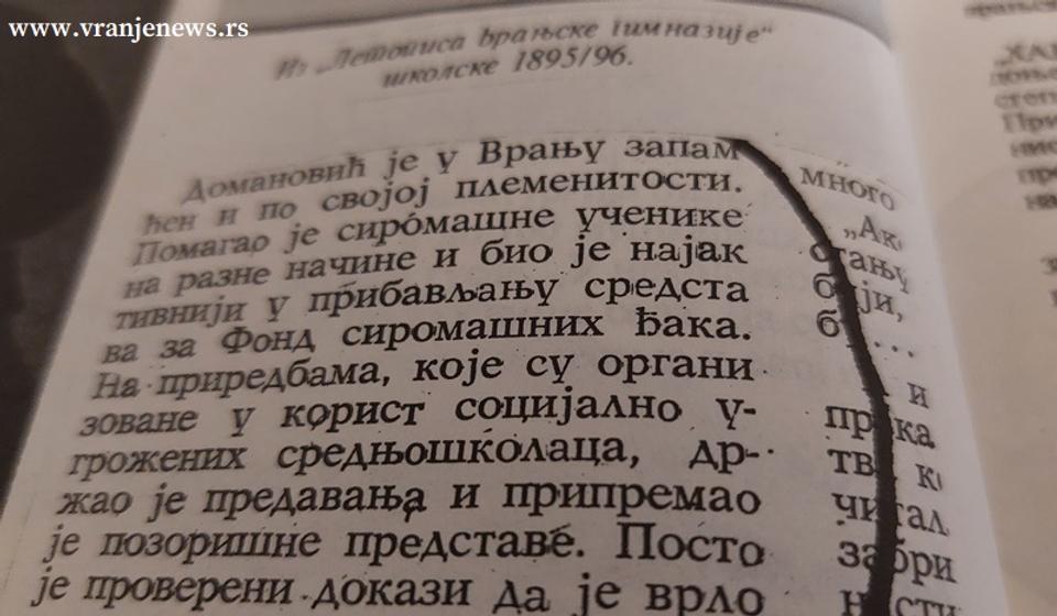 Zabeleška iz Letopisa vranjske gimnazije 1895/96. Foto Vranje news