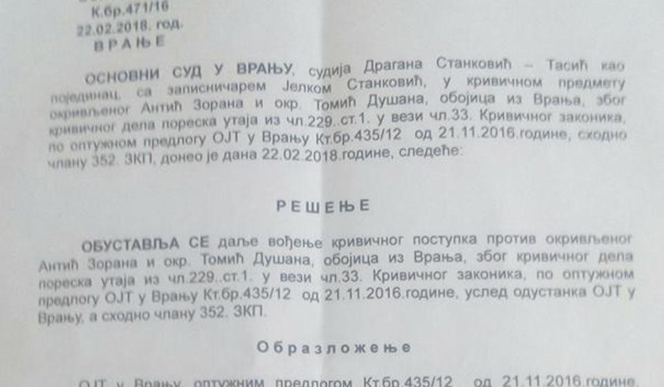 Rešenje Osnovnog suda. Foto Vranjenews