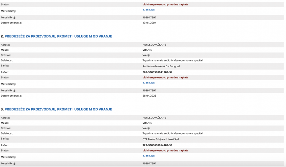 Svi računi u poslovnim bankama blokirani već pet godina. Foto printscreen Narodna banka Srbije