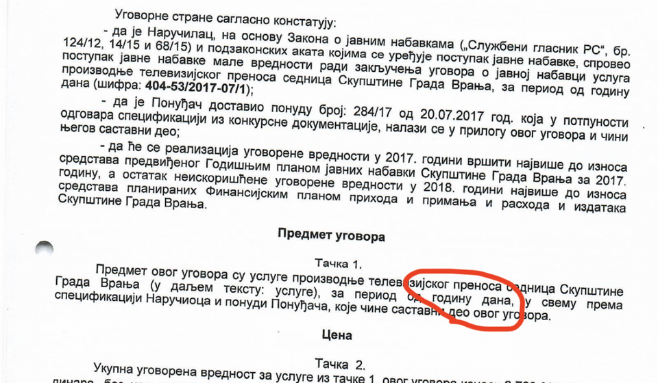 Klopaj batke (klik na dokument za puni prikaz): ugovor iz 2017. godine. Foto printscreen dokumenta Skupštine grada Vranja