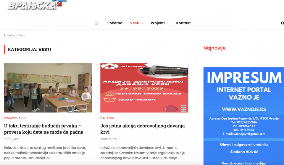 Paralelni portal Vranjske plus doo pod nazivom Važno je: njihovo pravo da dobiju pare na medijskom konkursu. Foto printscreen naslovne strane portala 