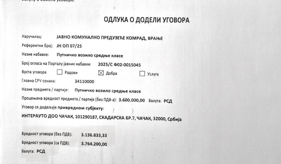 Javna nabavka Komrada teška 32.118 evra. Foto printscreen dokumenta S.P.