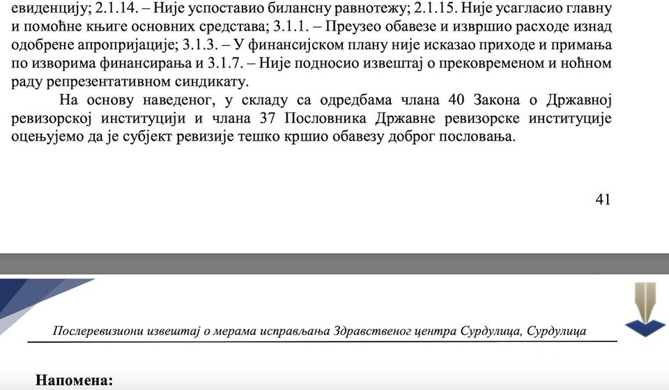 Deo zaključka iz izveštaja DRI. Foto printscreen Poslerevizionog izveštaja o merama ispravljenja ZC Surdulica