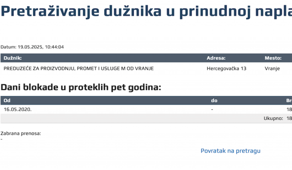 Printscreen NBS: blokada aplikanta na medijskom konkursu u Vranju, preduzeća 