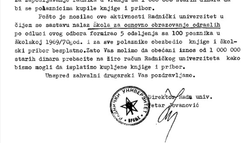 Dopis Radničkog univerziteta Zavodu za zapošljavanje u vezi sa finansiranjem akcije na iskorenjavanju nepismenosti. Printscreen NU