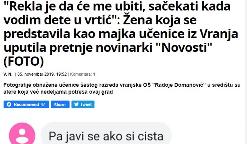 Deo pretnji koje su upućene novinarki Jeleni Stojković. Foto printscreen Večernje novosti
