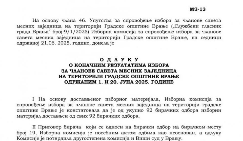 Odluka GIK o konačnim rezultatima (klik na dokument za puni prikaz) 