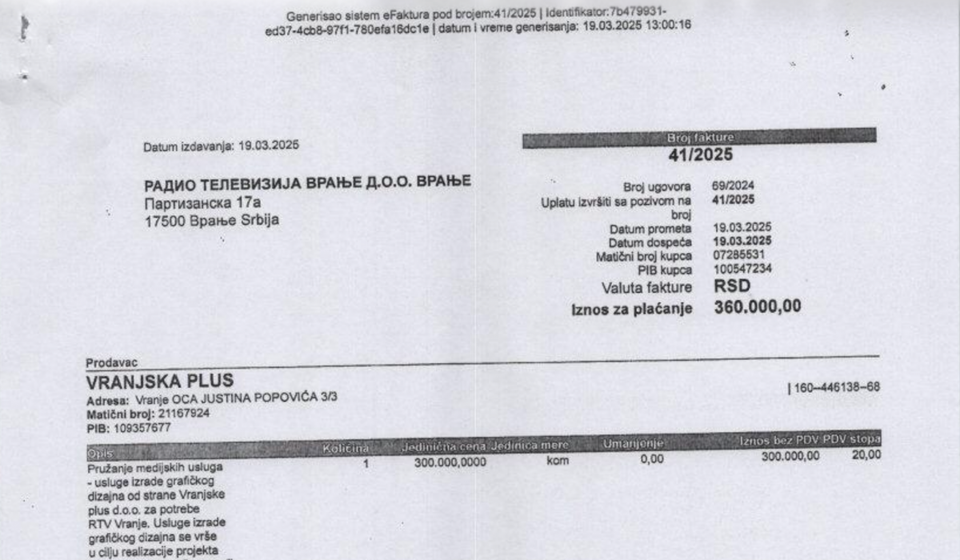 Fakturisano - naplaćeno: račun Vranjske plus prema RTV doo