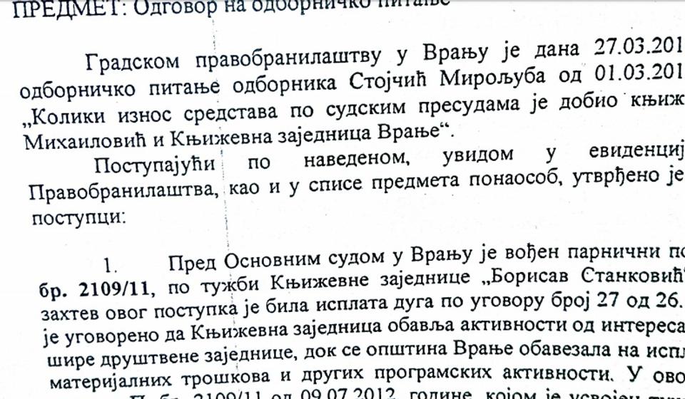 Odgovor Pravobranilaštva na odborničko pitanje Stojčića. Screenshot VranjeNews