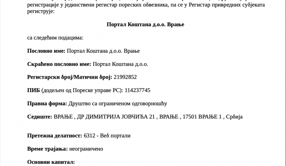 Registraciona prijava Portala Koštana doo u APR-u. Foto printscreen dokumenta APR (klik na dokument za puni prikaz)